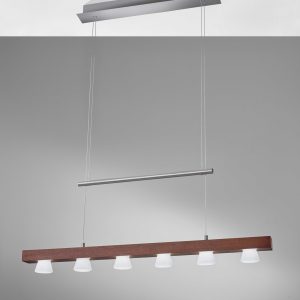 36" X 11" X 38-69" Walnut Wood LED 6 Light Adjustable Pendant
