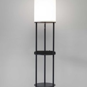 Black Wood Floor Lamp with Circular USB Charging Station Shelf