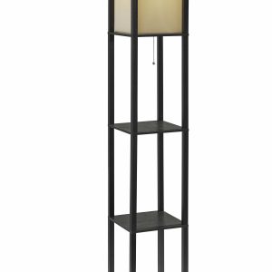 Floor Lamp with Black Wood Finish Storage Shelves