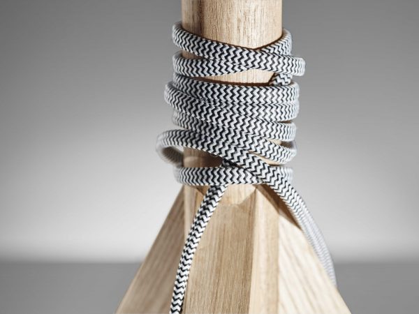 Natural Wood Tripod Base with Grey Felt Tapered Drum Shade Table Lamp - Image 2