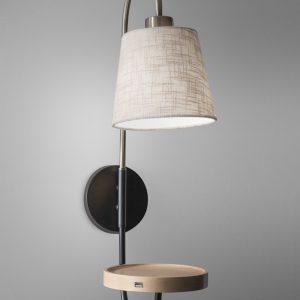 Antique Brass and Black Metal Wall Lamp with USB Charging Station Wood Shelf