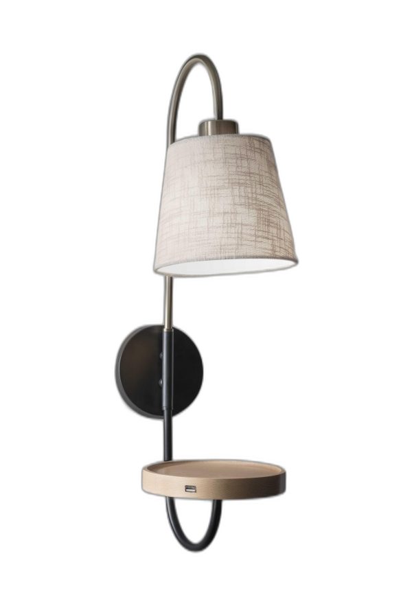 Antique Brass and Black Metal Wall Lamp with USB Charging Station Wood Shelf - Image 2