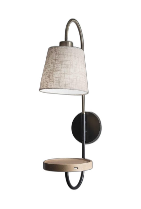 Antique Brass and Black Metal Wall Lamp with USB Charging Station Wood Shelf - Image 3