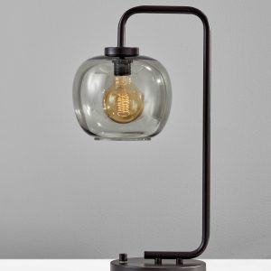 Smoked Glass Globe Shade with Vintage Edison Bulb and Matte Black Metal Arc Table Lamp