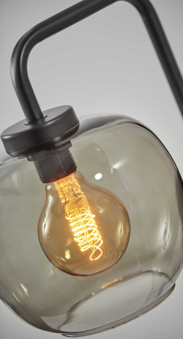 Smoked Glass Globe Shade with Vintage Edison Bulb and Matte Black Metal Arc Table Lamp - Image 2