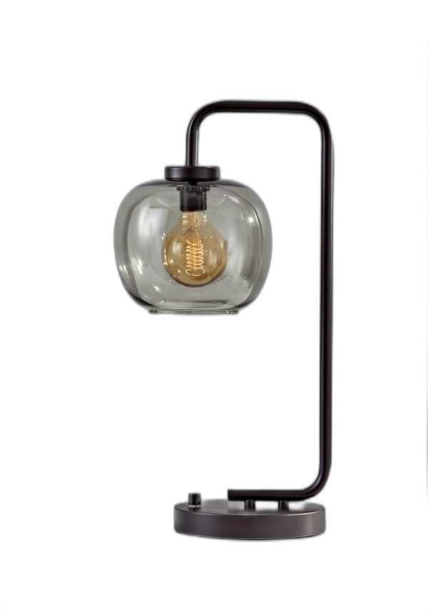 Smoked Glass Globe Shade with Vintage Edison Bulb and Matte Black Metal Arc Table Lamp - Image 4