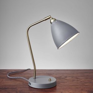 Grey Metal and Antique Brass Adjustable USB Port Desk Lamp