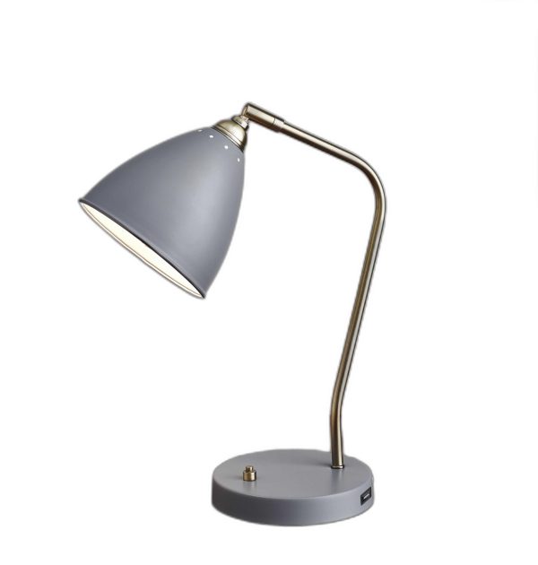Grey Metal and Antique Brass Adjustable USB Port Desk Lamp - Image 3