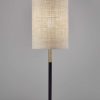 Antique Brass Metal Tripod Base with Matte Black Accent and Tall Natural Fabric Shade Table Lamp