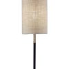 Antique Brass Metal Tripod Base with Matte Black Accent and Tall Natural Fabric Shade Table Lamp - Image 2