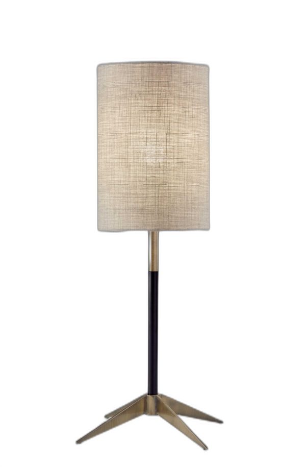 Antique Brass Metal Tripod Base with Matte Black Accent and Tall Natural Fabric Shade Table Lamp - Image 2