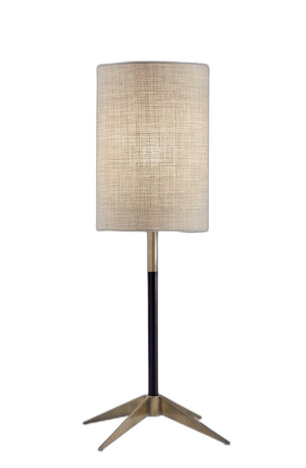 Antique Brass Metal Tripod Base with Matte Black Accent and Tall Natural Fabric Shade Table Lamp - Image 3