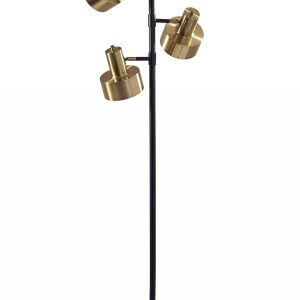 Three Light Floor Lamp with Matte Black Pole and Adjustable Antique Brass Metal Shades