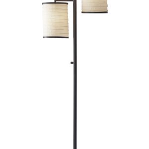 Three Light Floor Lamp Dark Bronze Finish with Off White Lanterns