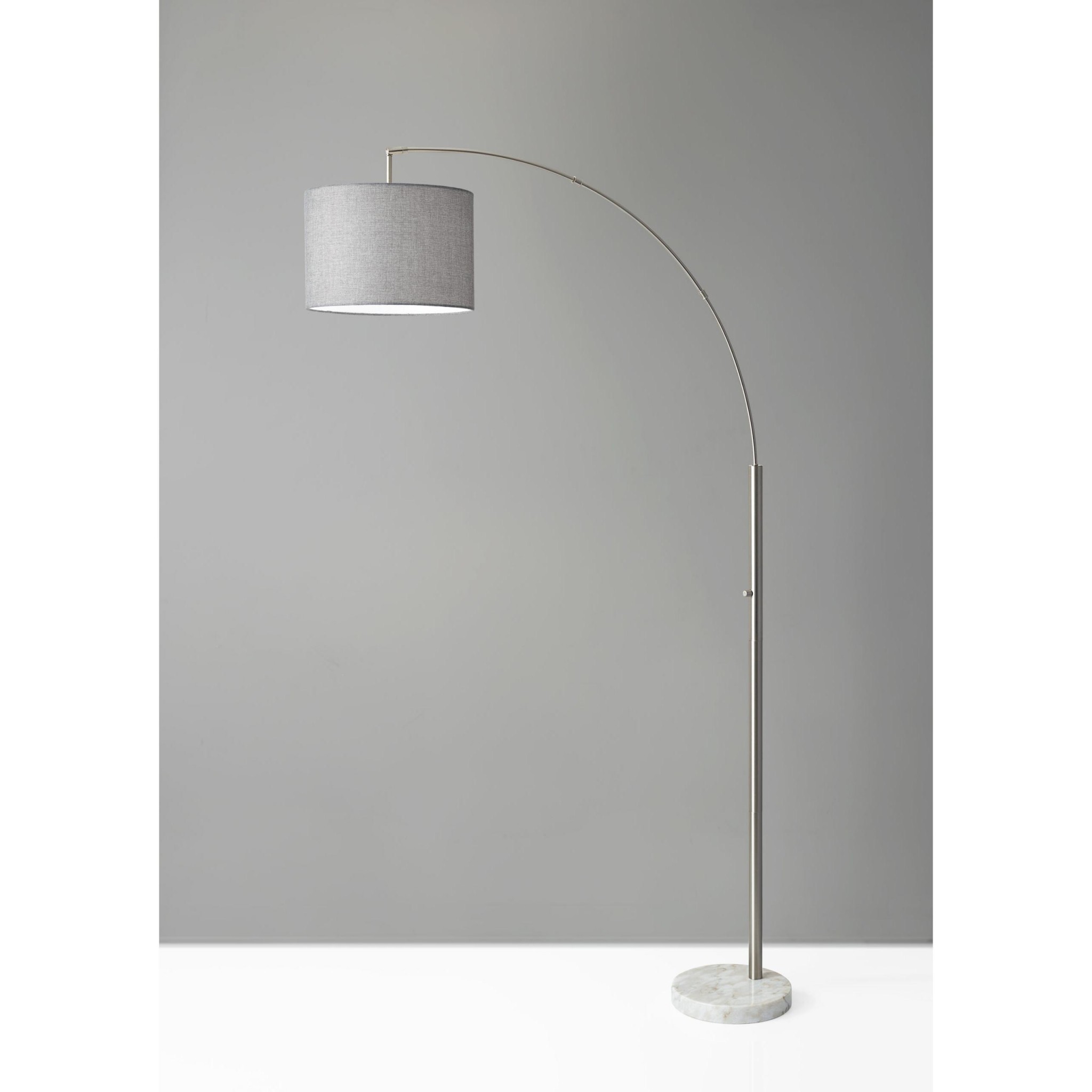 Reading Nook Floor Lamp Brushed Steel Arc Arm Adjustable Grey Fabric Shade - Image 2