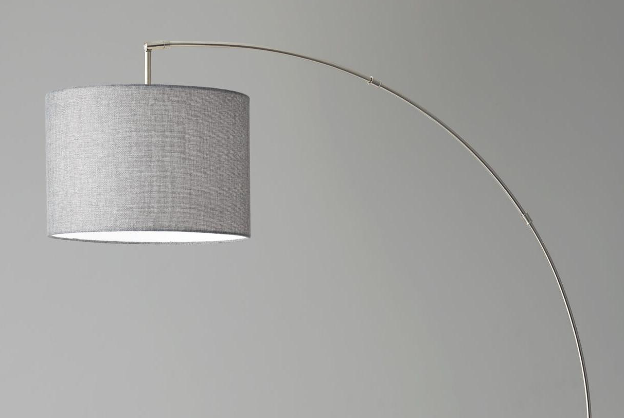 Reading Nook Floor Lamp Brushed Steel Arc Arm Adjustable Grey Fabric Shade - Image 3