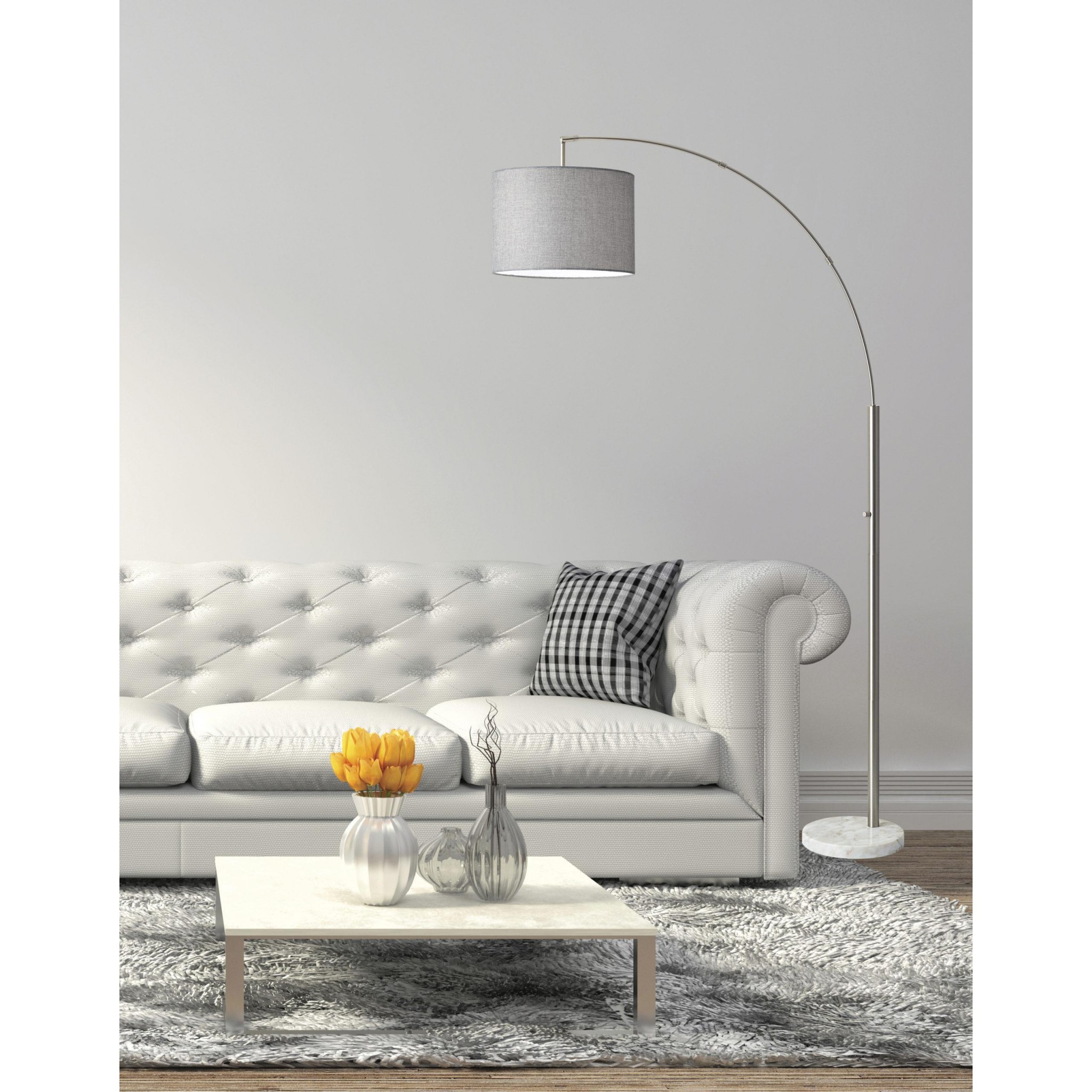Reading Nook Floor Lamp Brushed Steel Arc Arm Adjustable Grey Fabric Shade - Image 5