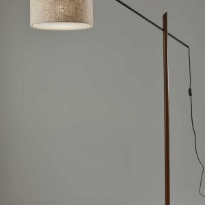 Sculptural Wood Floor Lamp with Adjustable Black Metal Arm