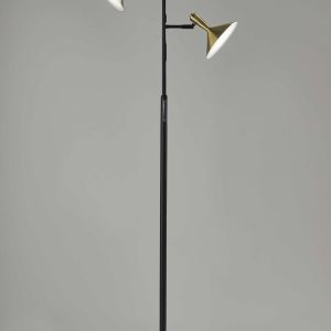 Double Brass Spotlight LED Floor Lamp in Black Metal