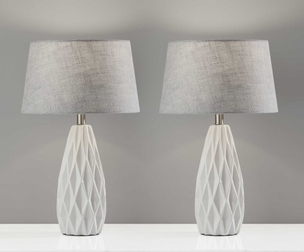 Set of 2 White Ceramic Geometric Base Table Lamp - Image 2