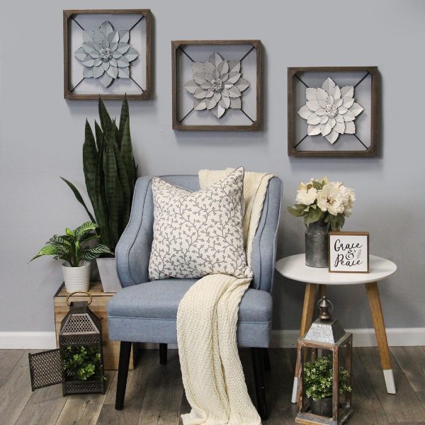 Grey Metal & Wood Framed Wall Flower - Image 2