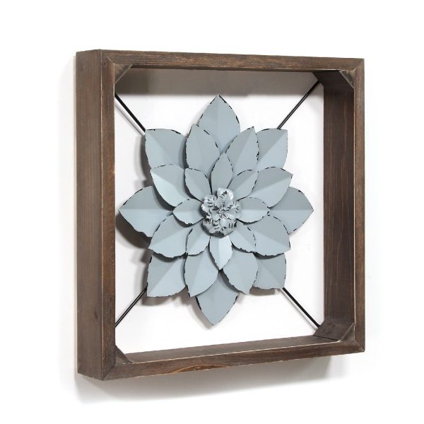 Pale Blue Metal Flower in Walnut Finish Frame - Image 3