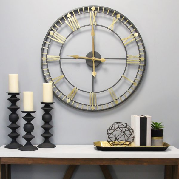 Oversized Vintage Style Metal Wall Clock  Black  Gold Numerals - Image 2