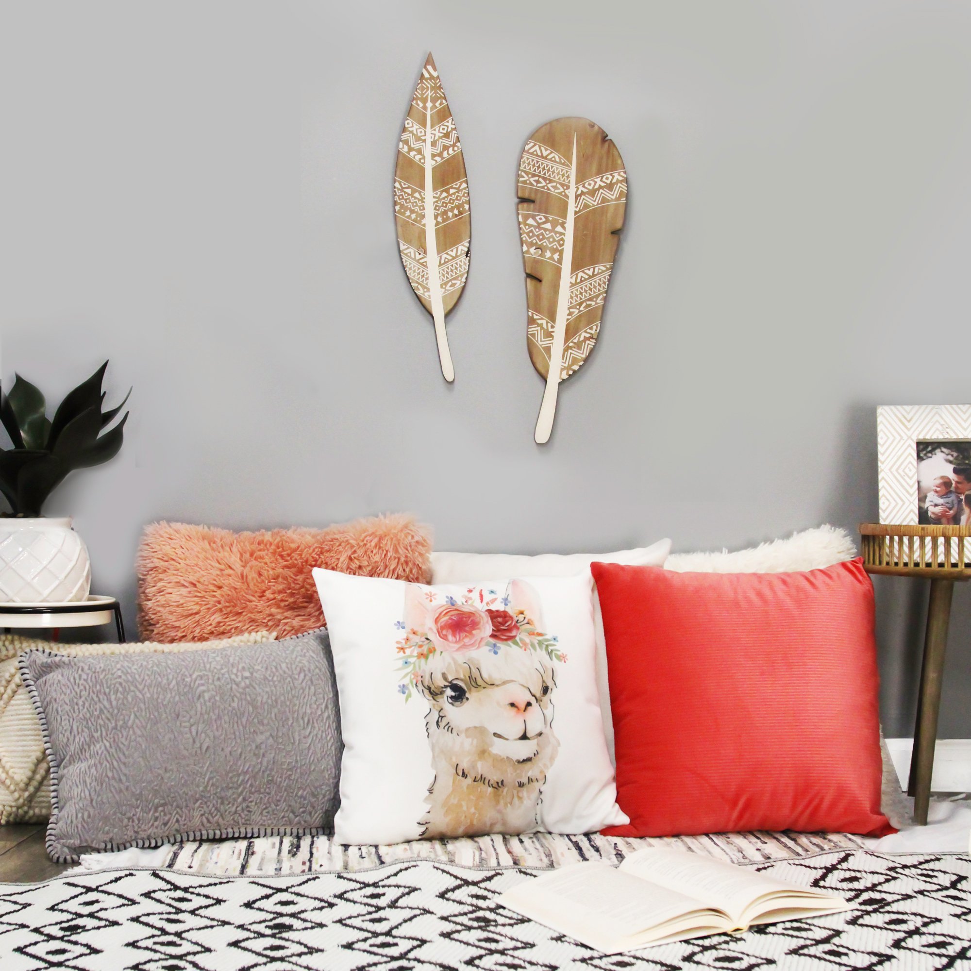 Tribal Print Wood Feathers 3D Wall Art Set of 2 - Image 2