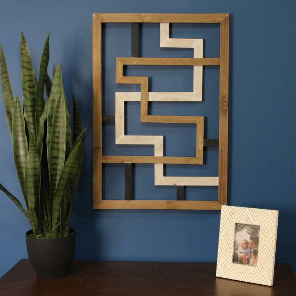Modern Maze Natural White and Black Wood Panel Wall Art - Image 2