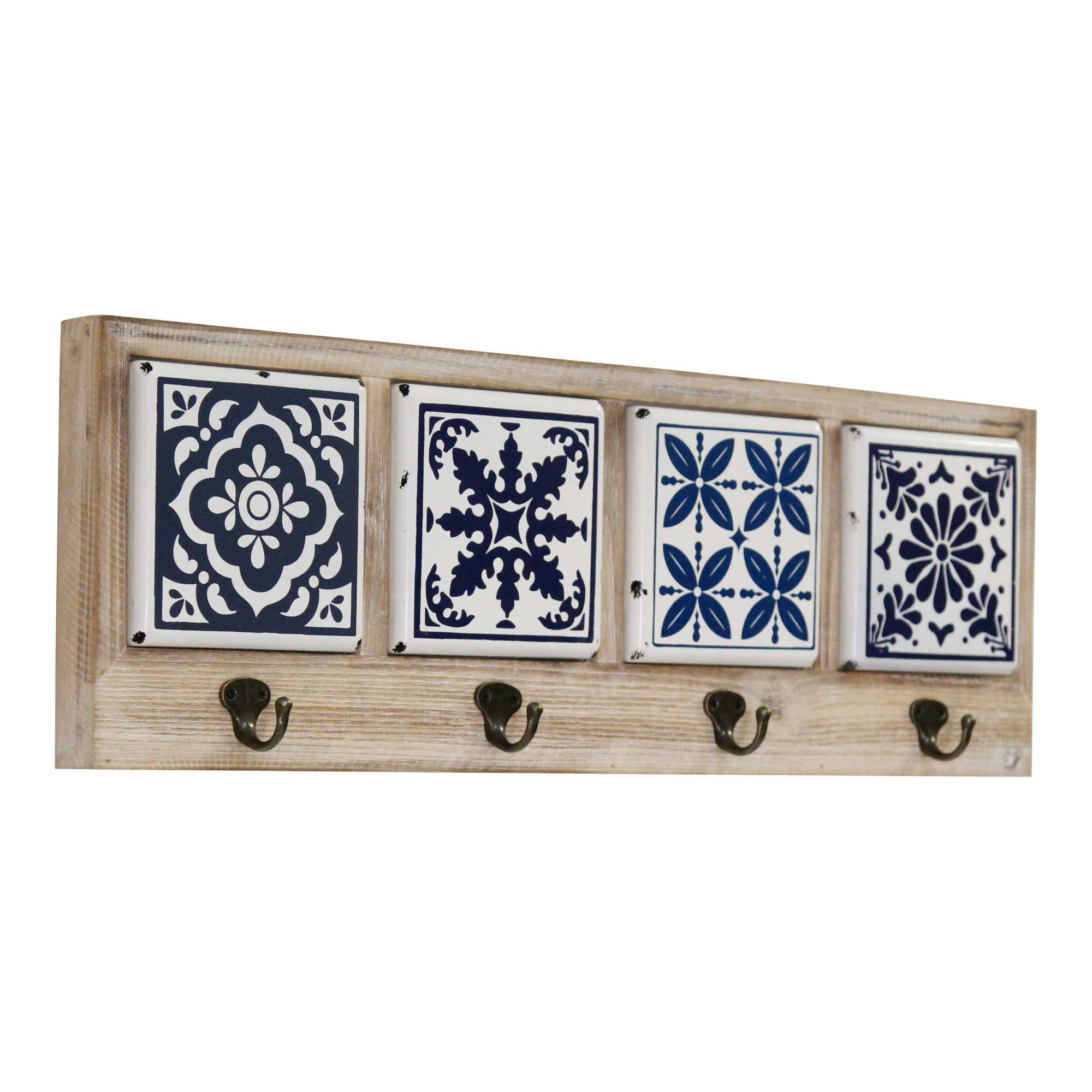Blue and White Tile Wall Hanging with Metal Hooks - Image 3