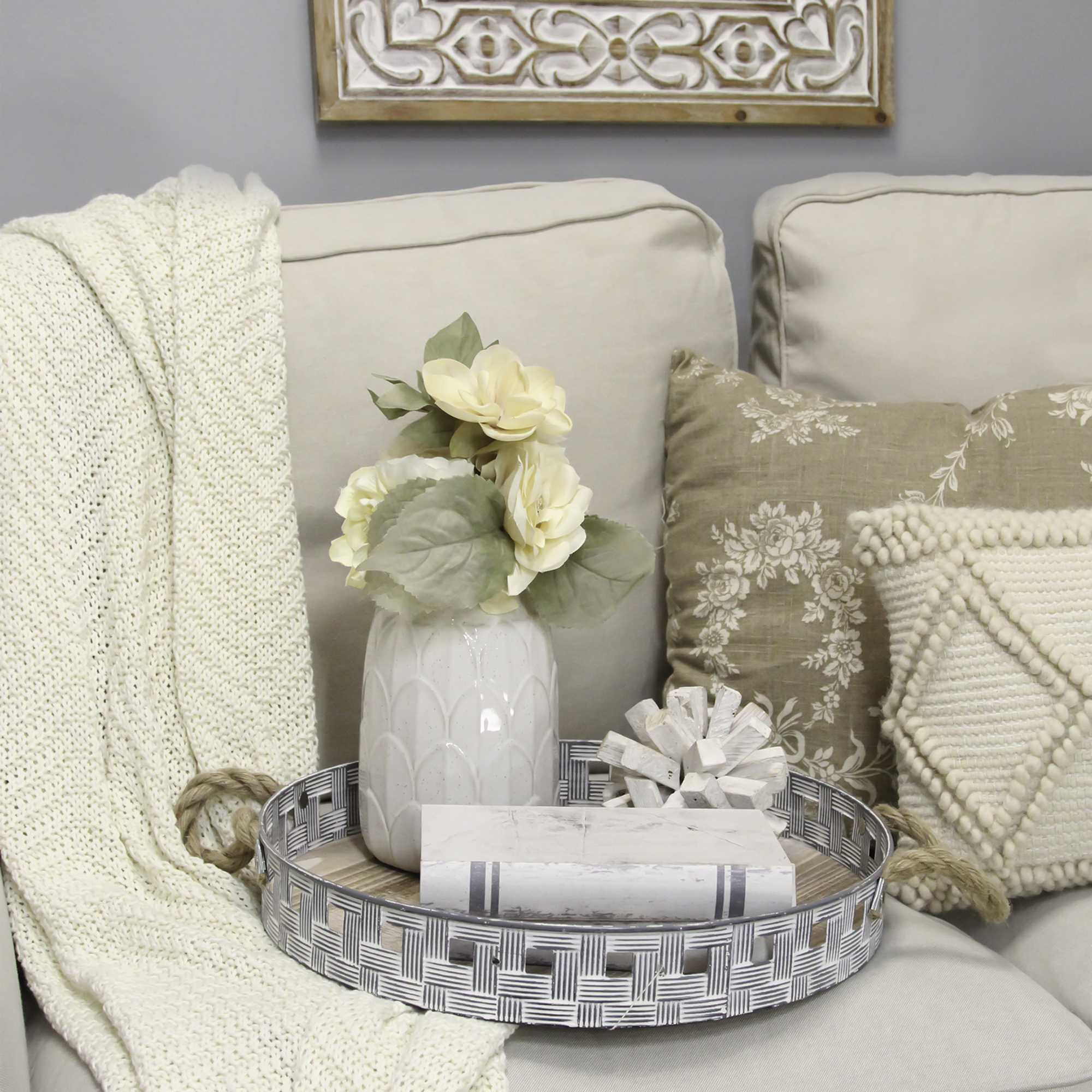 16 Rustic Round Grey Wash Metal and Wood Tray - Image 2