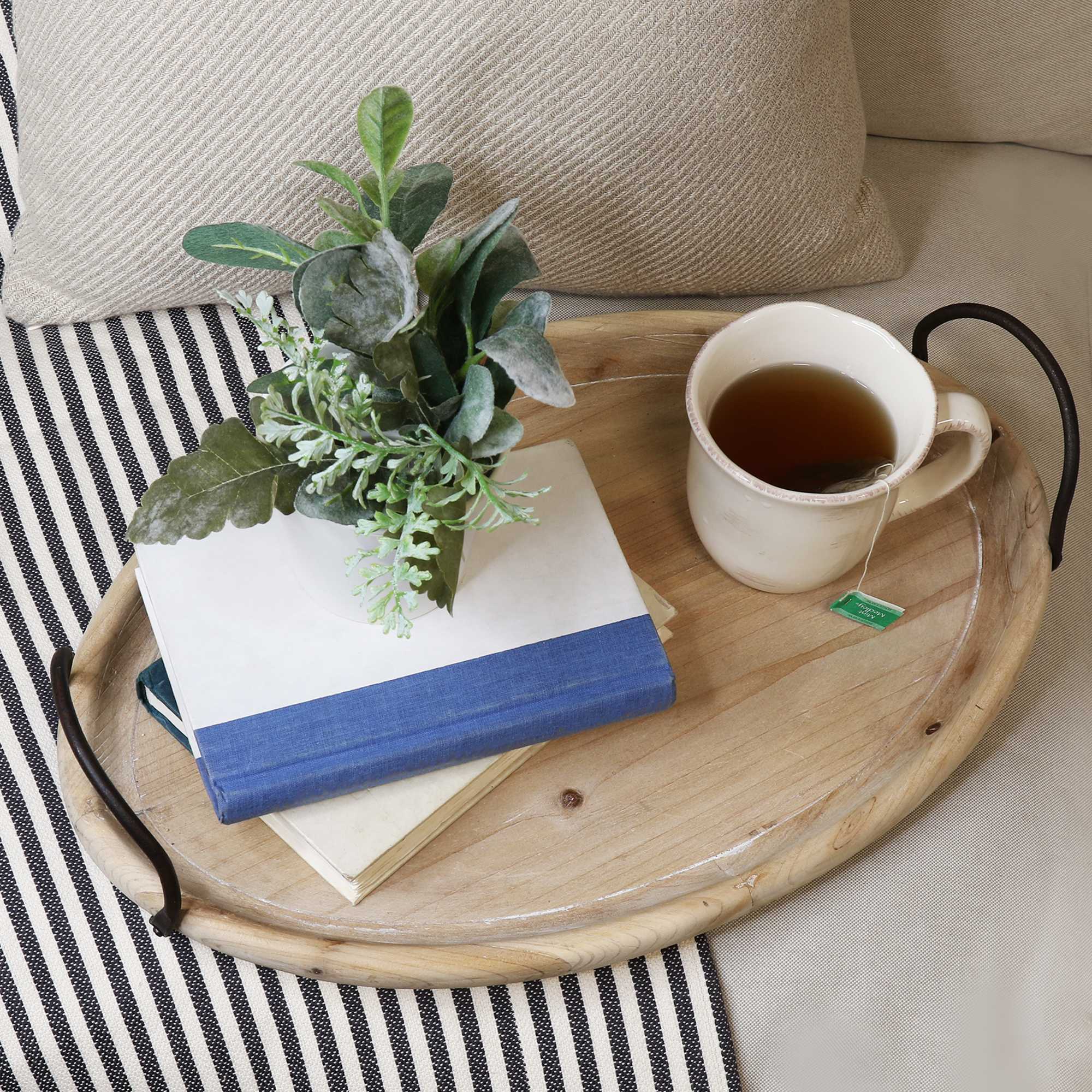 18 Oval Natural Ivory-Finished Wood with Curved Black Metal Handles - Image 2