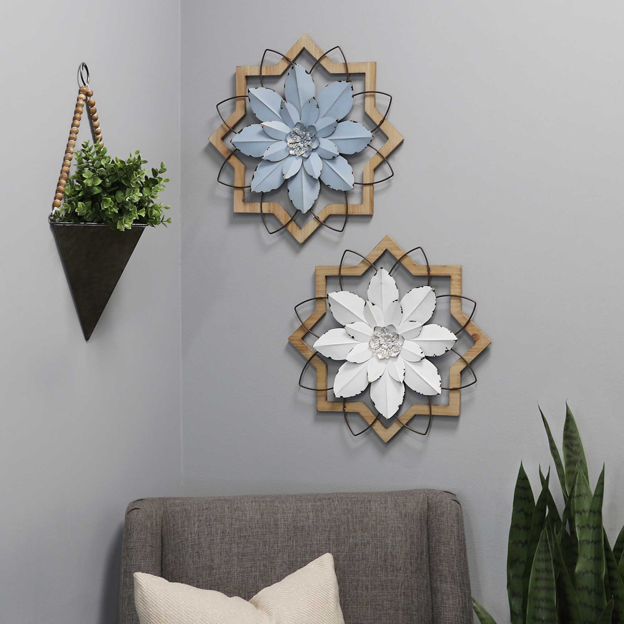 Metal White Flower & Wood Frame Wall Art - Image 2