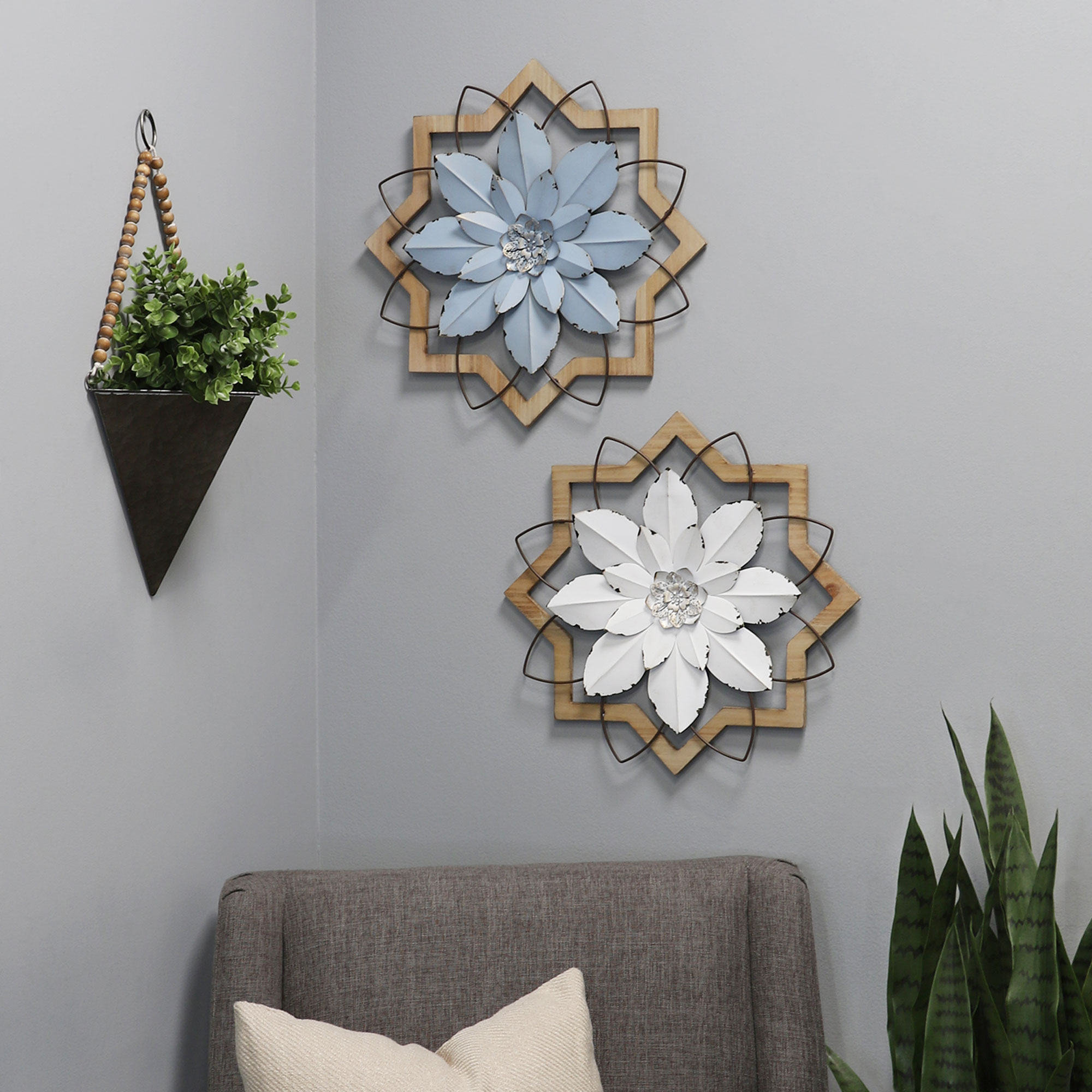 Light Blue Flower Metal and Wood Framed Wall Art - Image 2