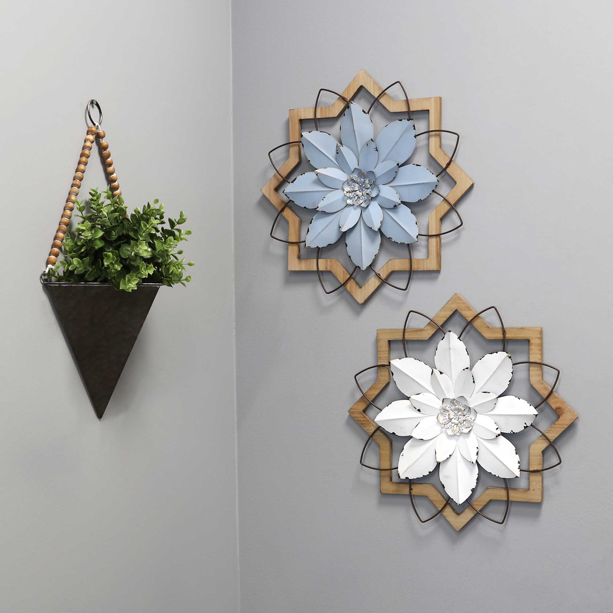 Light Blue Flower Metal and Wood Framed Wall Art - Image 4