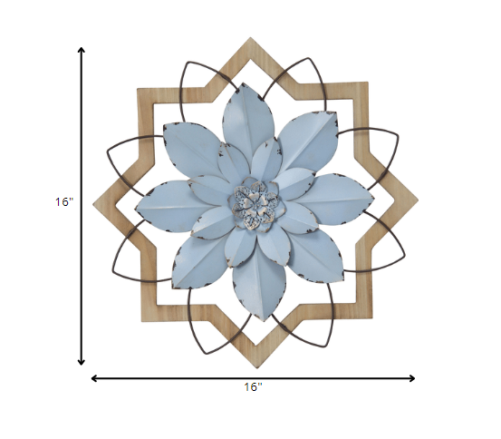 Light Blue Flower Metal and Wood Framed Wall Art - Image 5