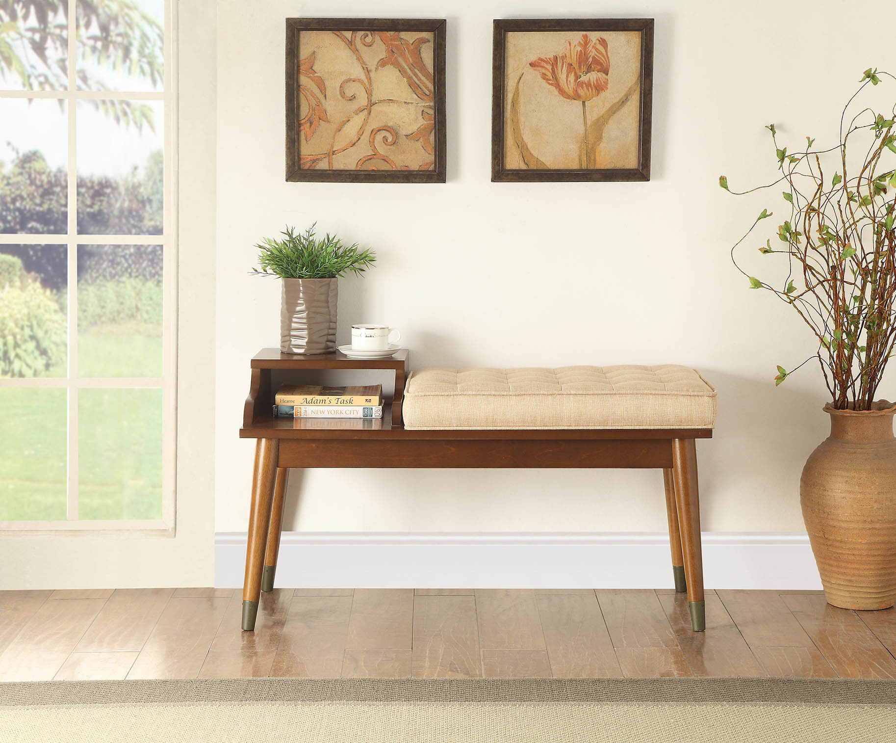 36" X 16" X 20" Beige Fabric Bench WStorage