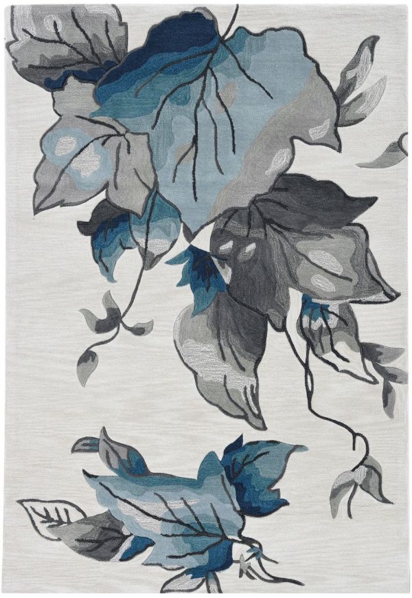 3' x 5' Ivory Blue Oversized Leaves Area Rug - Image 2