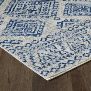 7' Ivory Blue Machine Woven Distressed Geometric Indoor Runner Rug