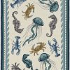 3'x5' Ivory Teal Hand Hooked UV Treated Coastal Sea Life Indoor Outdoor Area Rug - Image 2