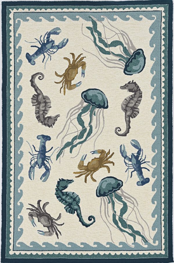 3'x5' Ivory Teal Hand Hooked UV Treated Coastal Sea Life Indoor Outdoor Area Rug - Image 2