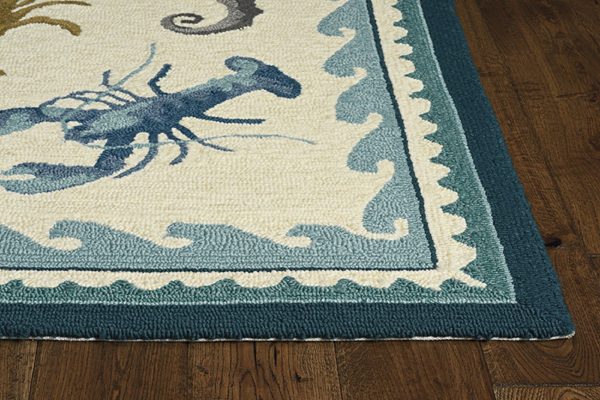 3'x5' Ivory Teal Hand Hooked UV Treated Coastal Sea Life Indoor Outdoor Area Rug - Image 3