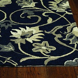 2'x3' Navy Blue Hand Hooked UV Treated Floral Vines Indoor Outdoor Accent Rug