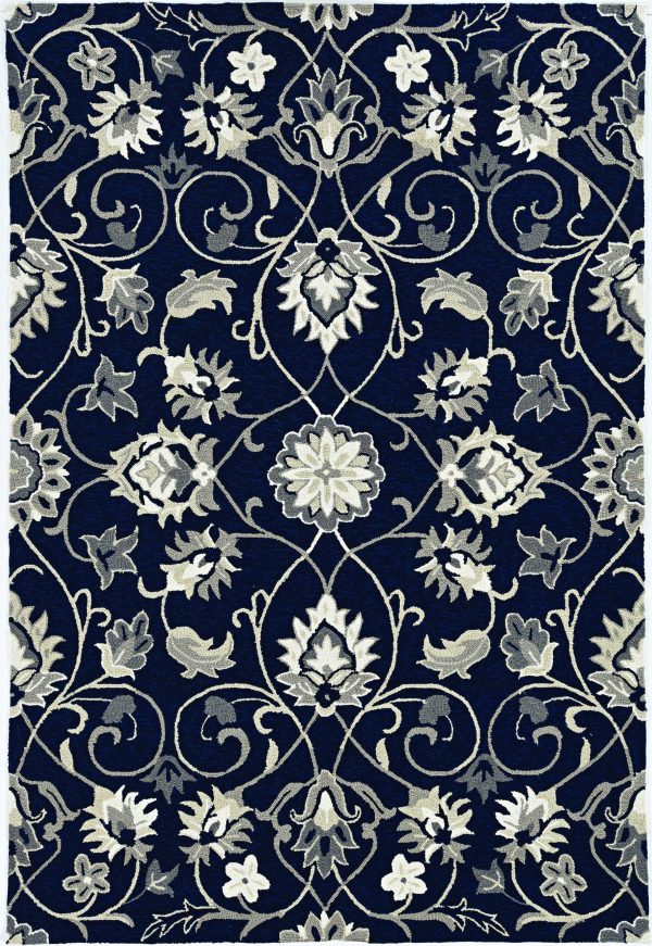 2'x3' Navy Blue Hand Hooked UV Treated Floral Vines Indoor Outdoor Accent Rug - Image 2