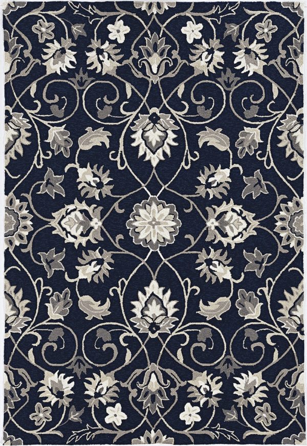 3'x5' Navy Blue Hand Hooked UV Treated Traditional Floral Design Indoor Outdoor Rug - Image 2
