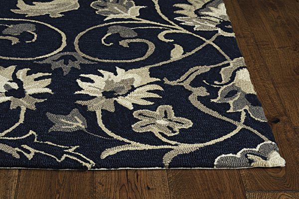 3'x5' Navy Blue Hand Hooked UV Treated Traditional Floral Design Indoor Outdoor Rug - Image 3