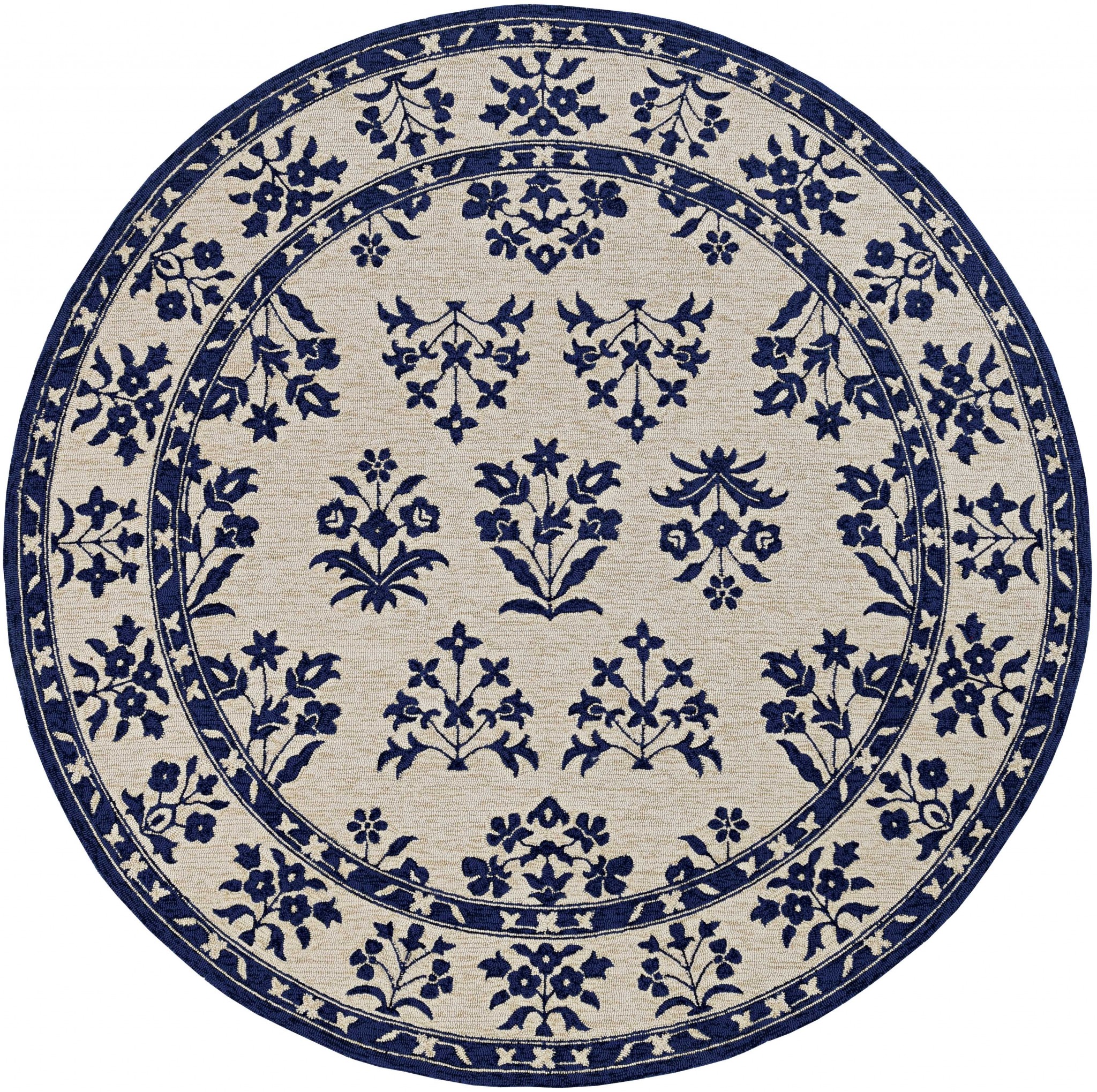 3'x5' Sand Blue Hand Hooked UV Treated Traditional Floral Design Indoor Outdoor Rug - Image 2