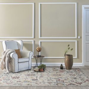 5' x 7' Ivory Floral Bordered Wool Indoor Area Rug