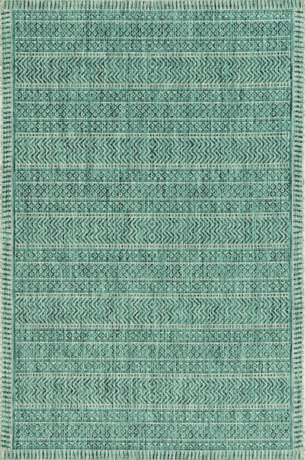 8' Round Teal Geometric Pattern Indoor Outdoor Area Rug - Image 2