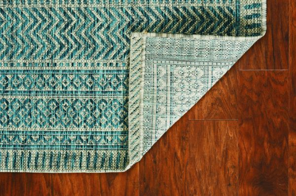8' Round Teal Geometric Pattern Indoor Outdoor Area Rug - Image 5